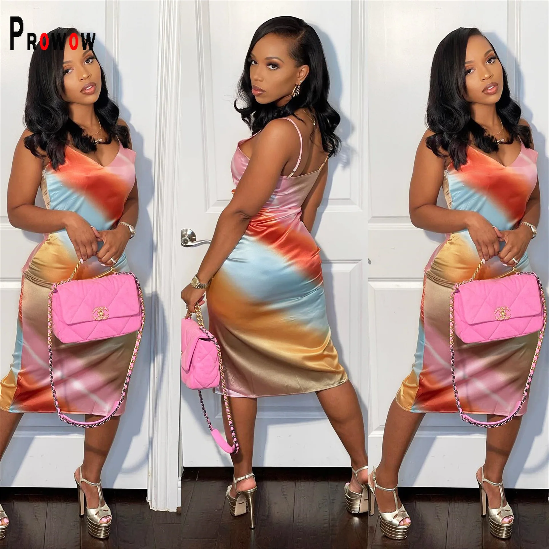 

Prowow Sexy Women Maxi Dress Gradient Stripes Print Slim Fit Summer Party Nightclub Wear 2022 New V-neck Female Outfits