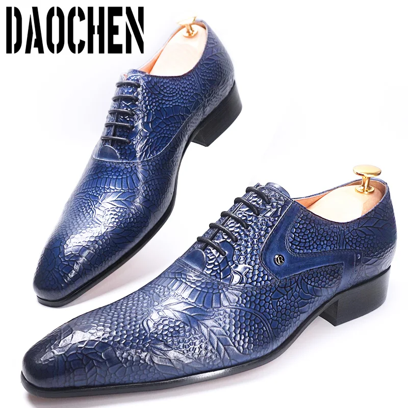 Luxury Brand Men Oxford Shoes Lace up Pointed Toe Blue Black Red Shoes Men Casual Dress Man Shoe Flowers Print Leather Shoes Men