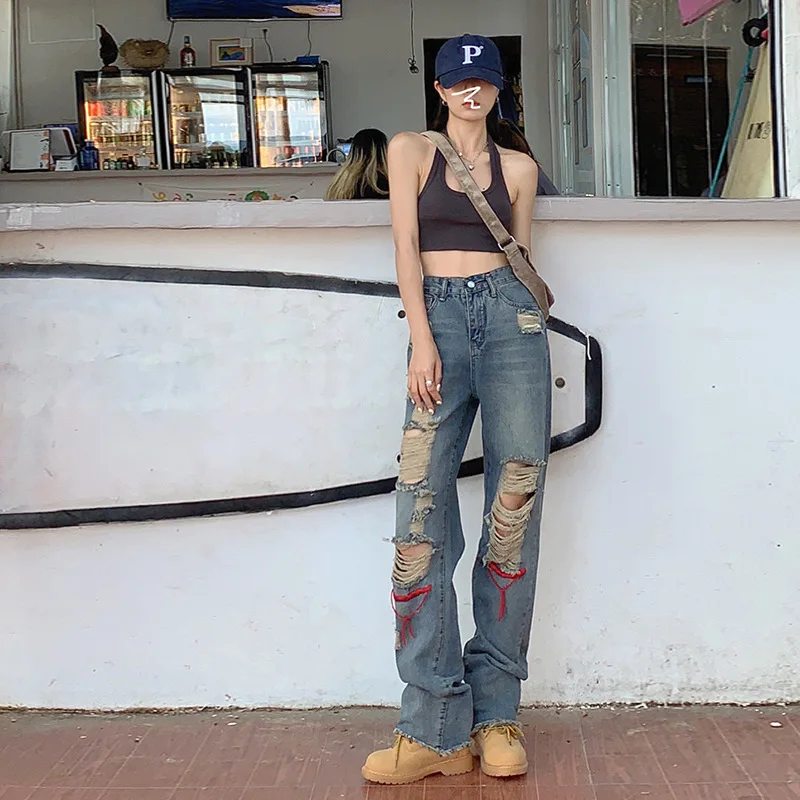 

2022 new girl denim straight leg high waist loose pants women hiphop high street retro y2k hot girl pants jeans women q296