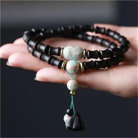 Natural Ebony Buddha Beads with Purple Light Bamboo Beads and Lotus Flower Bracelet for Men and Women Meditation Ornament