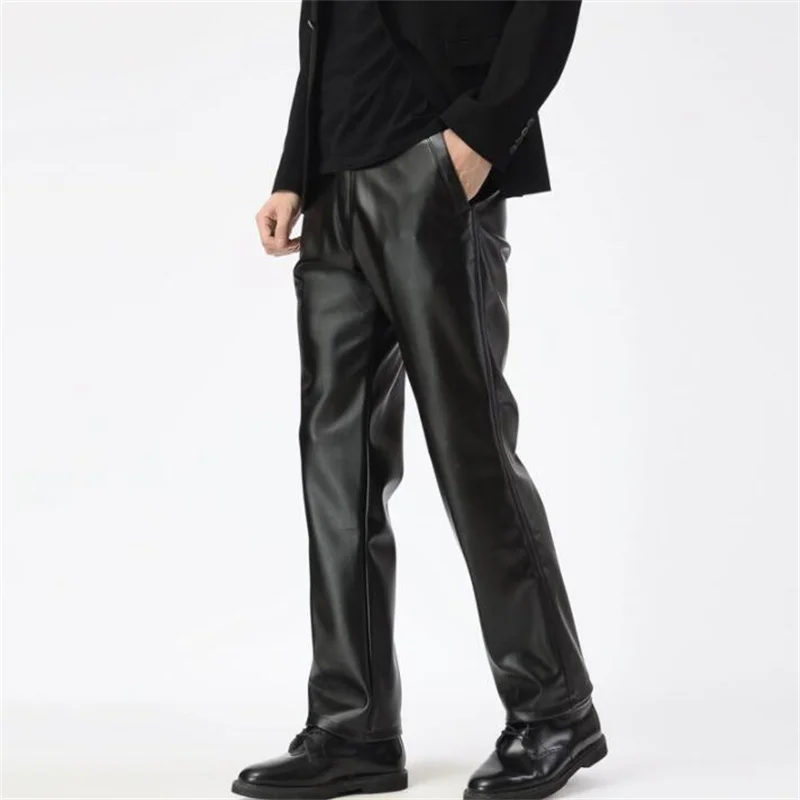 Middle-aged faux leather pants mens feet pants thin motorcycle pu trousers for men loose personality fashion pantalon homme