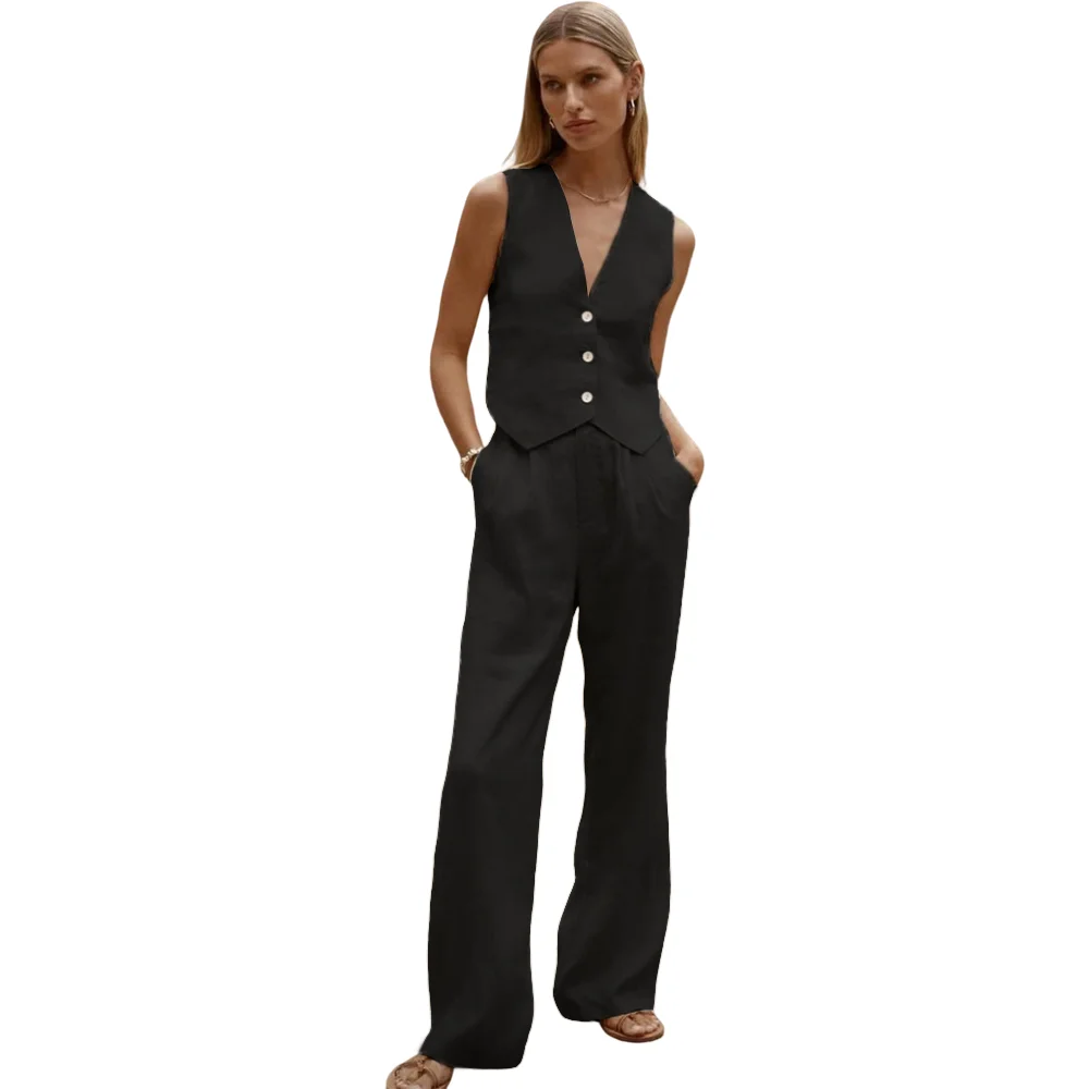 Summer Elegant Cotton Linen Women's Vest & Long Pants Set - Ideal for Office, Casual, Parties, Dances and Weddings