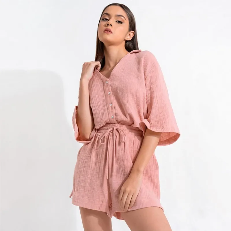 

Long Summer Dress Women 2023 Beach Outfits For Quarter Sleeve Pajamas Loose Crepe Cotton Shorts Set Home Wear Worn Solid Cheap
