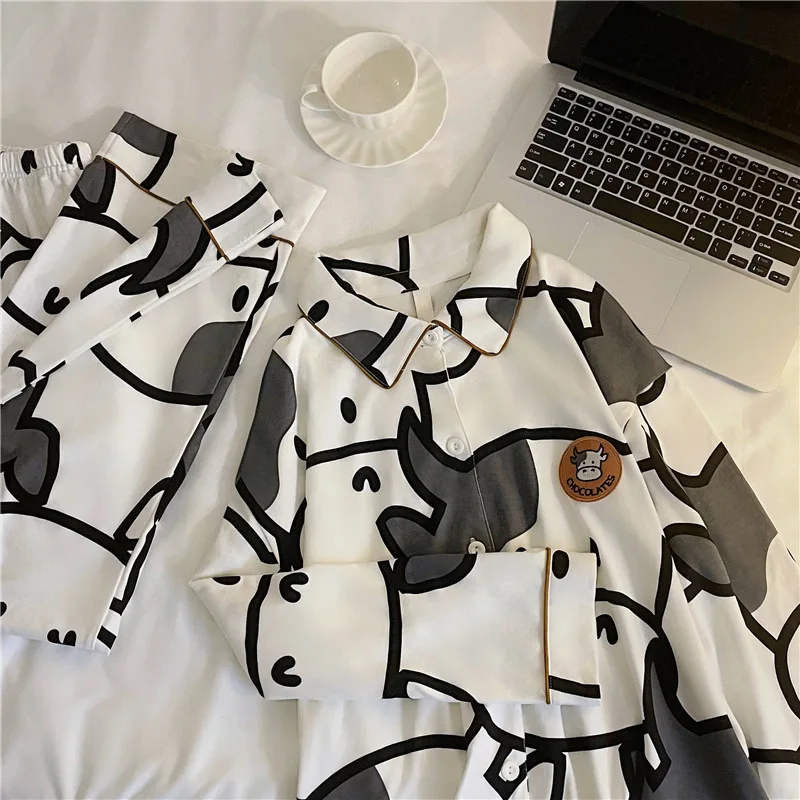 Cow Print Pajamas Two Piece Set Spring Summer Pijamas Women Cotton Cute Home Clothes Pyjamas Sleepwear Japanese Style Kawaii