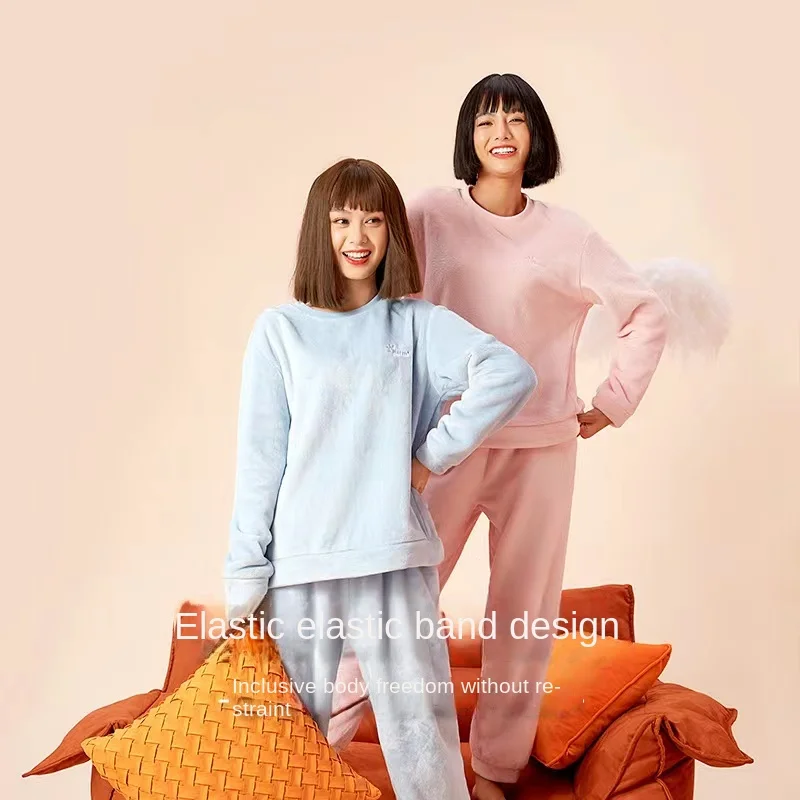 Women's Autumn Winter Warm Flannel Women Pyjamas Sets Thick Coral Velvet Long Sleeve Cartoon Sleepwear Thin Flannel Pajamas Set