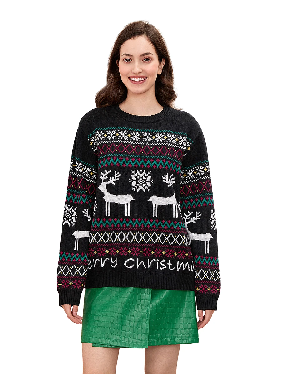 Женский рождественский вязаный свитер с буквенным принтом оленя и снежинки