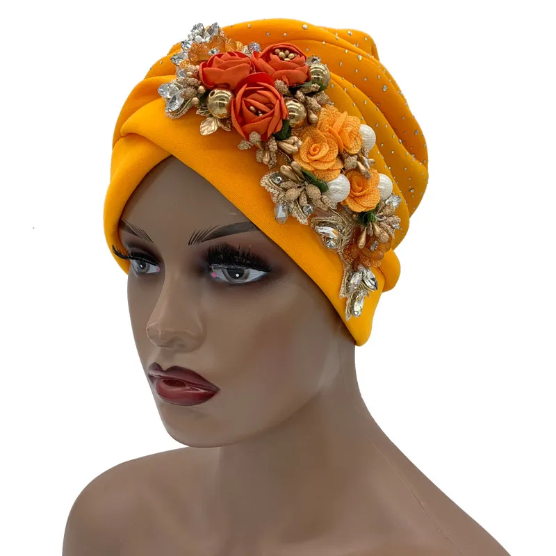 Fashion Shinny Rhinestone Flowers Women's Turban Hat Muslim Beanie Head Wrap Bonnet Female Party Headgear African Headtie