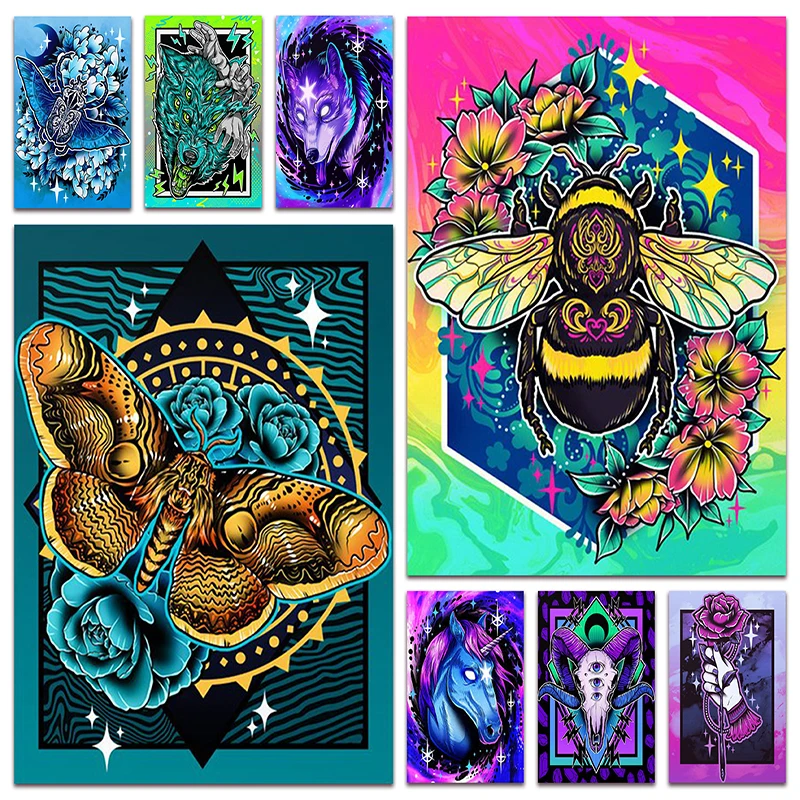 

Алмазная мозаика с животными, животные, бабочки, пчелы, 5D картина «сделай сам», вышивка крестиком, волк, единорог, Череп, цветы, домашний деко...