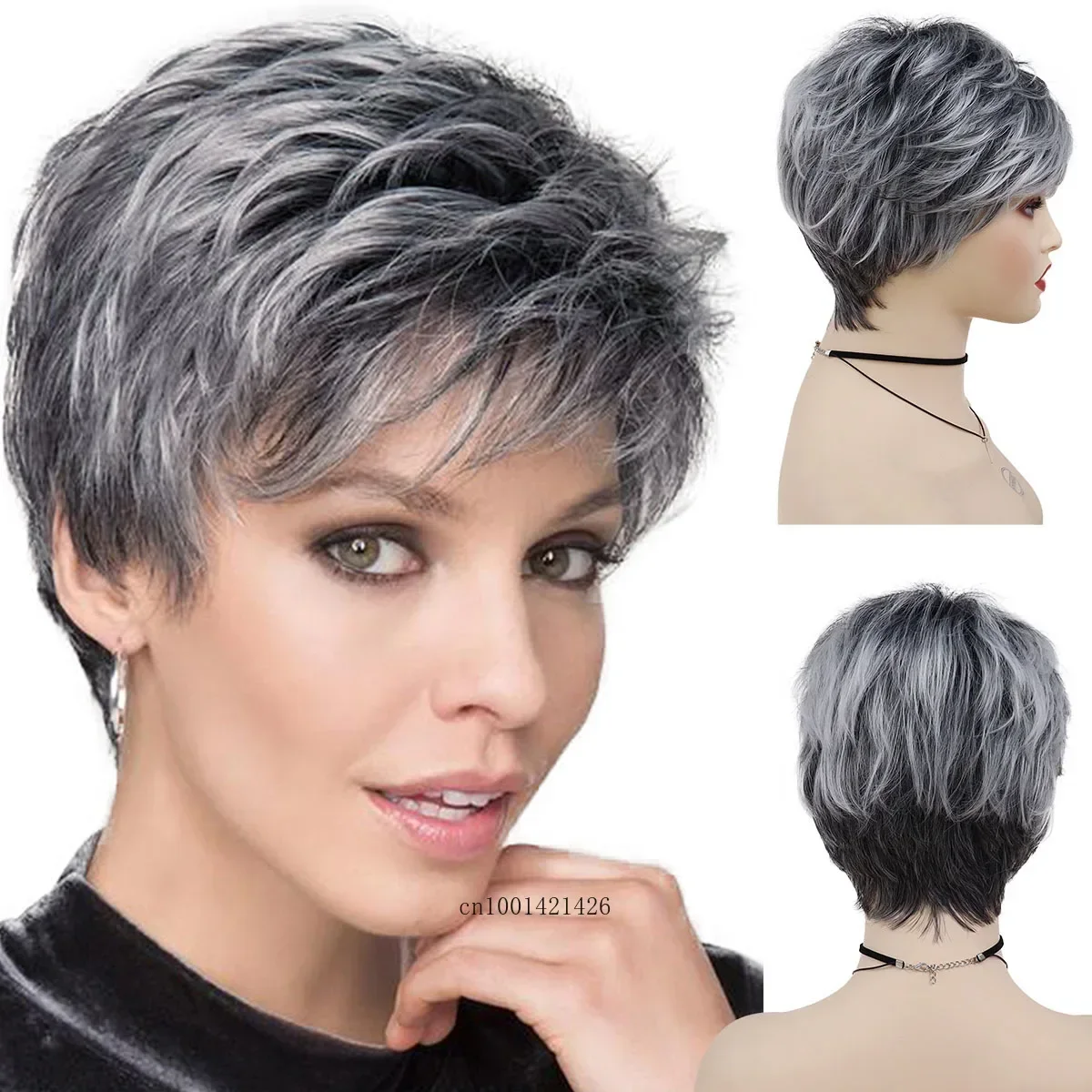 Синтетические короткие парики премиум-класса с челкой Серые для женщин