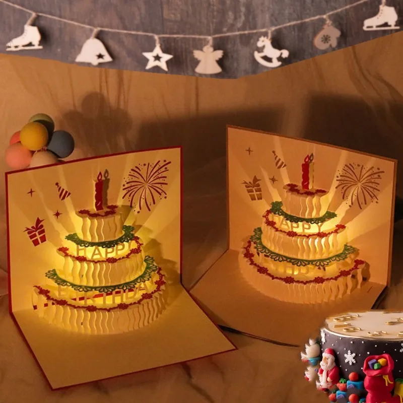 Pop-Up Music Birthday Card 3d Greeting Card With Light Postcards Gifts With Recording Chip For Birthday Party Kid Gift Decor 1pc