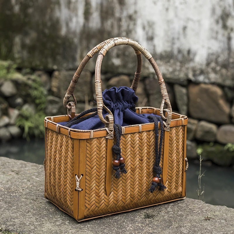 Bamboo Woven Bag Women's Handbags Summer Fashion Straw Beach Bags Luxury Mini Tote Bags Tea Ceremony Set Storage Basket Handbag