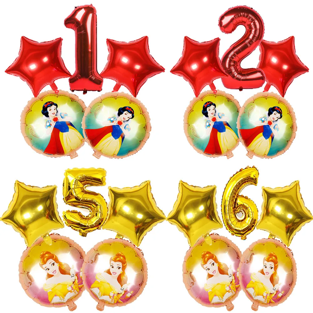 

5 Pcs Belle Snow White Princess Balloons Themed Birthday Party Decorations Baby Shower Foil Number Balloons Kids Balloons