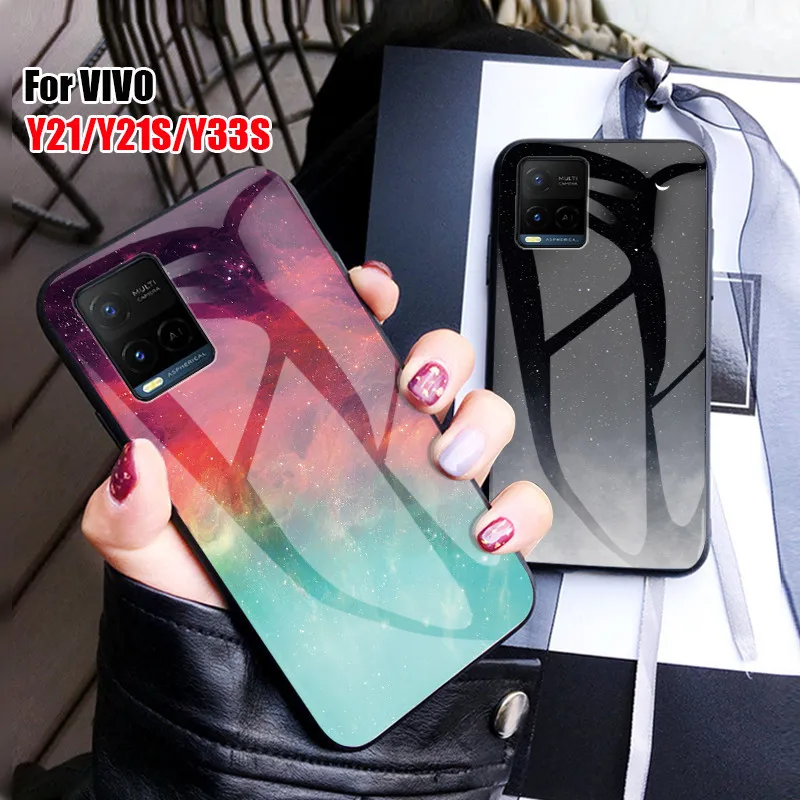

Starry Sky Tempered Glass Back Cover For VIVO Y21 Y21S Y33S Phone Case Hard Funda TPU Edge Protective Slim Skin