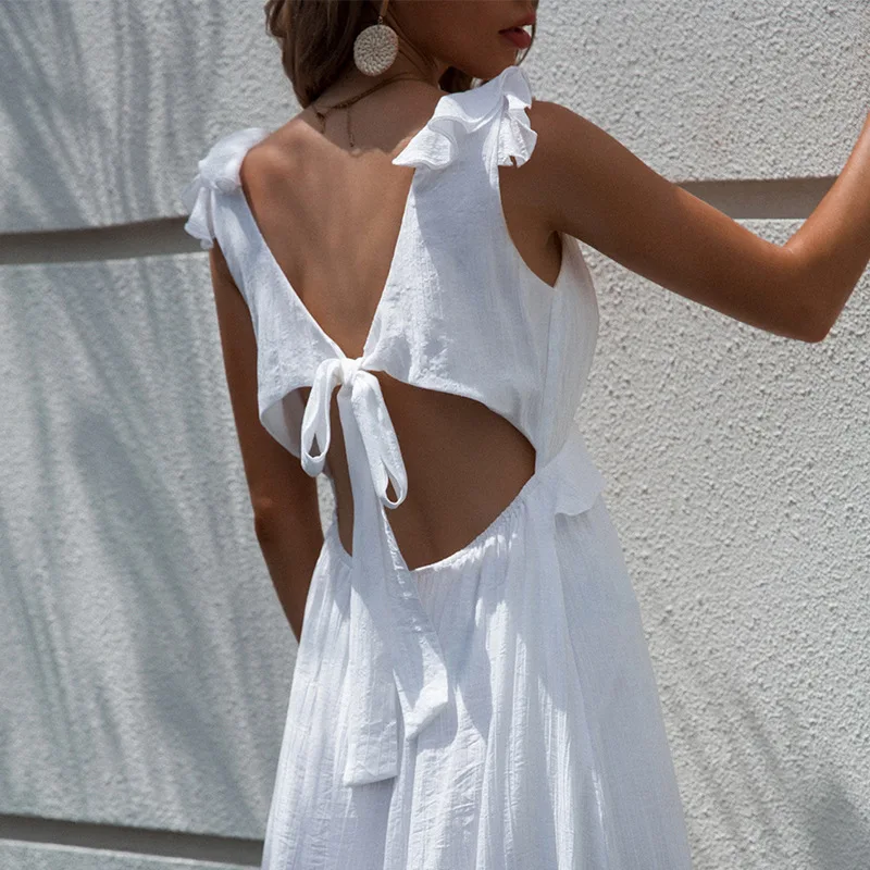 

YEMOGGY Skinny Hem Slit Sling Dresses Women Summer Dresses 2022 New Chic Solid V-Neck Sexy Backless Bow Ruffle Maxi Lining Dress