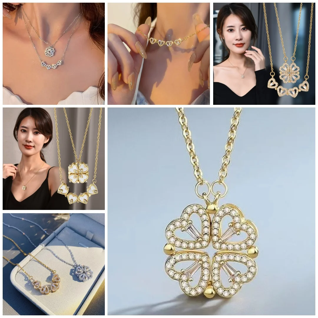 

Design Heart Four-leaf Clover Magnetic Pendant Necklace for Women Girls Fashion Zircon Titanium Steel Christmas Gift Jewelry