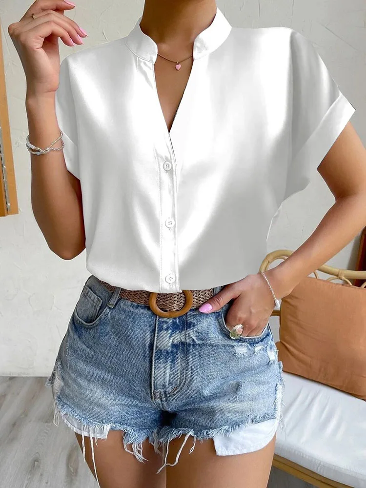 

Elegant Women Blouse 2023 Summer Simple Tops Solid Slim Short Sleeve V-Neck Button Shirt Office Female White Shirts Street S-XXL