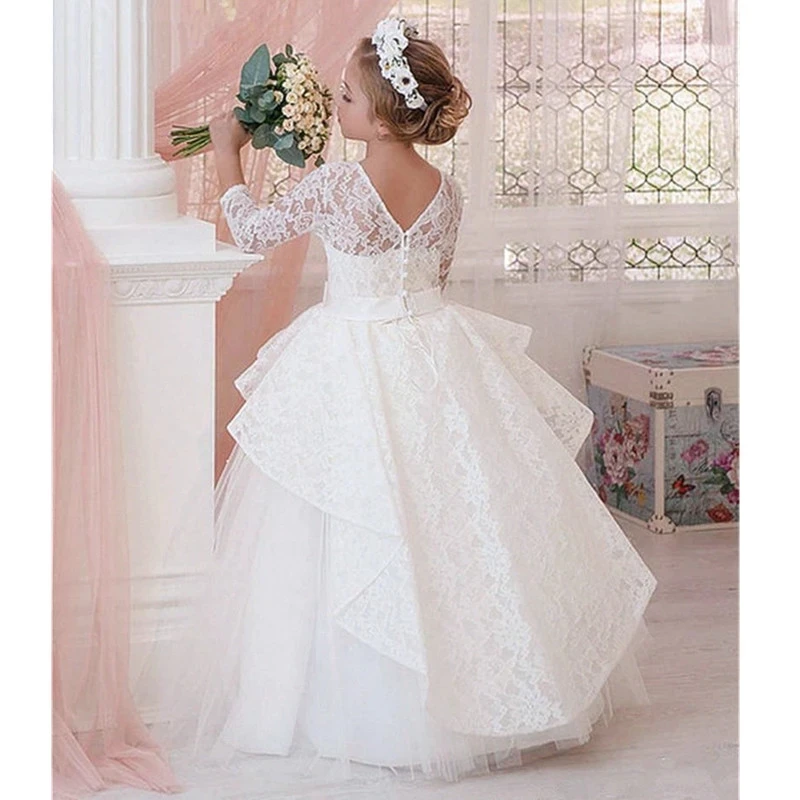 

Ivory White Flower Girl Dress Lace Tiered Tulle O Neck Long Sleeve First Communion Dress for Ceremony Birthday Gown