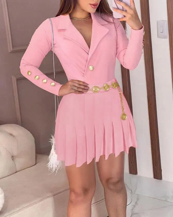 

Dresses For Women 2022 Autumn Fashion Plain Long Sleeve Lapel Collar Pleated Elegant Button Officee Lady Work Blazer Mini Dress