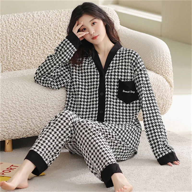 Casual Pajamas Set Soft Sleepwear For Women Elastic Cotton Pyjama Women's Sweet Cartoon V-Neck Homewear Clothes Big Size