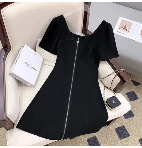 Женское вечернее мини-платье, элегантное черное платье с коротким рукавом, квадратным вырезом и молнией спереди, Летняя женская одежда y2k