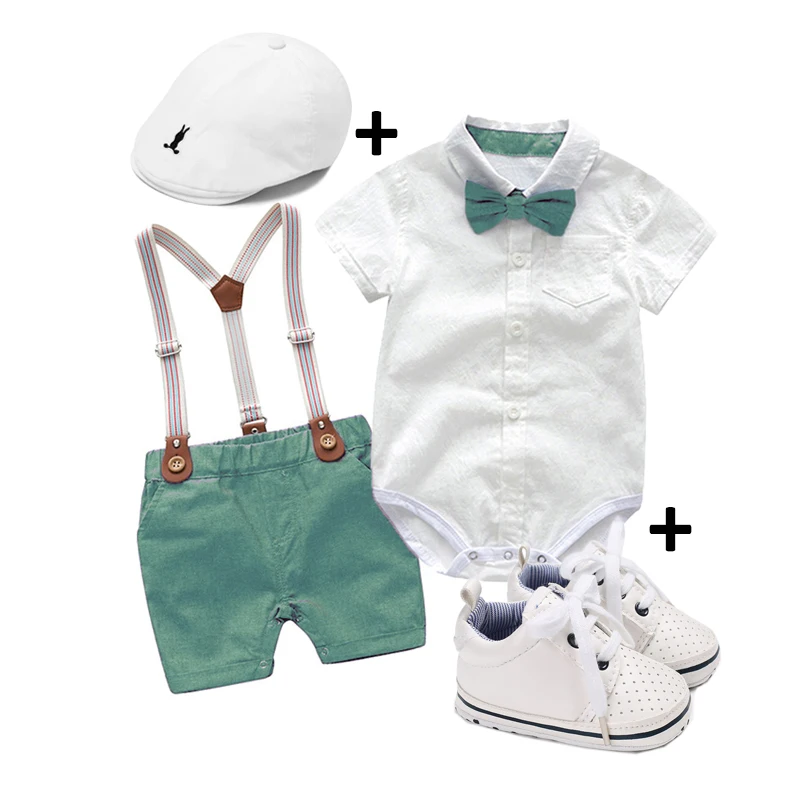 Newborn Baby Boy Clothes Gentleman Outfit 1 Year  Lapel Romper Suit with Suspender Pants  Shoes 4pcs Infant  Set