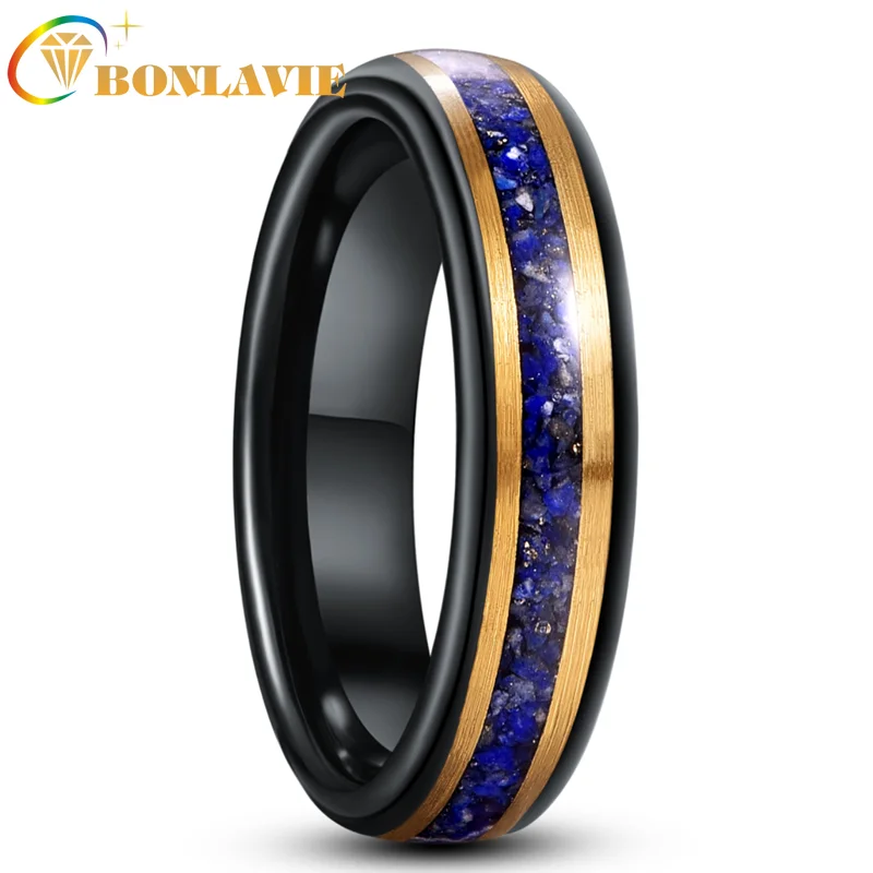 

BONLAVIE 6mm Tungsten Carbide Ring Black Gold Inlaid Lapis Lazuli Ring Men's Women Fashion Wedding Jewelry Best Gift