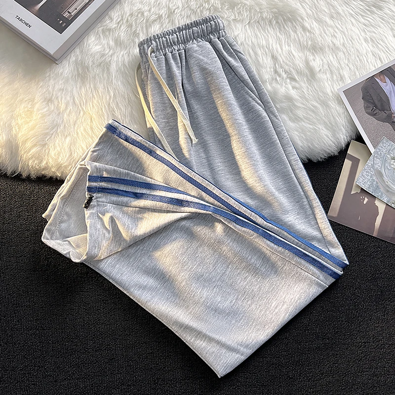 

Striped sports casual pants men's autumn and winter wide leg pants straight drawcord