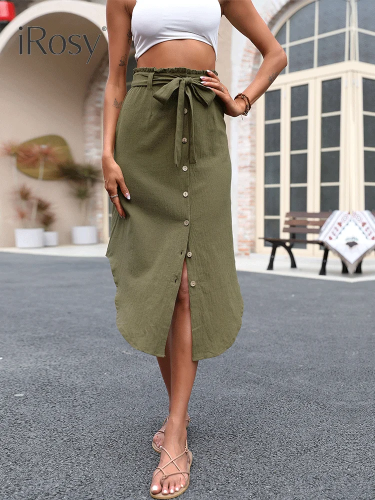 

Женская юбка средней длины с высокой талией, юбка из хлопка и льна болотного цвета с разрезом и поясом, шикарная офисная юбка на пуговицах, женский наряд, лето 2022