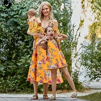 new mother daughter summer fashion dresses short sleeve flower v neck beach dress mom mommy and me dress family matching outfits