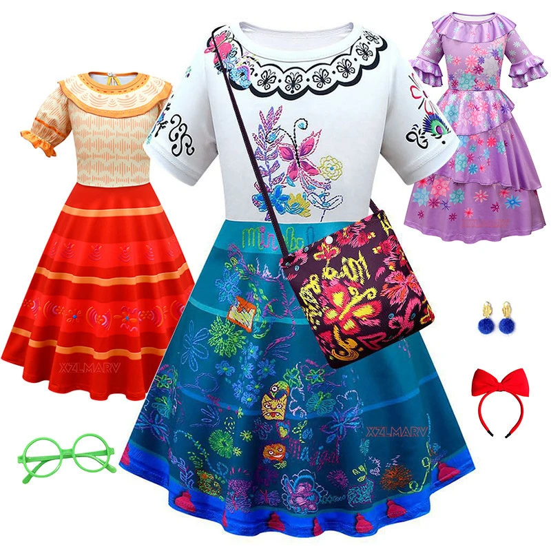 

2022 Madrigal Cosplay Costume Girl Dress Fancy Dresses for Carnival Halloween Princess Dress Glasses Earrings Mirabel Costume
