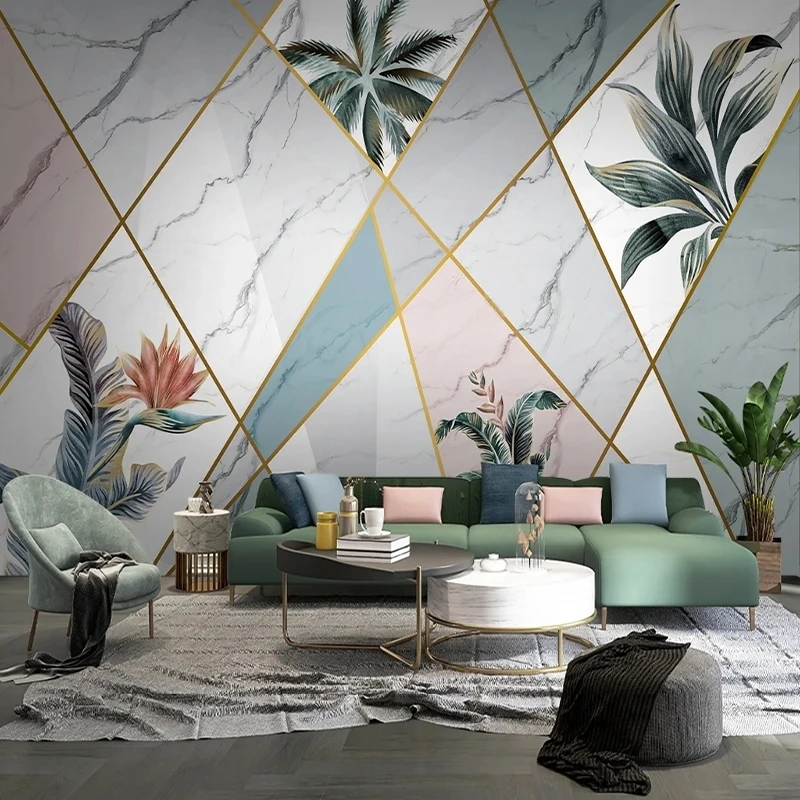 

Custom Wall Mural Wallpaper Nordic Modern Marbled Tropical Plants For Living Room TV Background Cloth Home Decor Papel De Parede