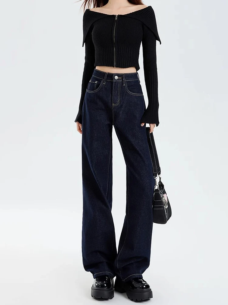 Idolera Dark Blue Narrow Wide Leg Jeans Women Autumn and Winter 2024 New Retro Slimming High Waist Straight Pants