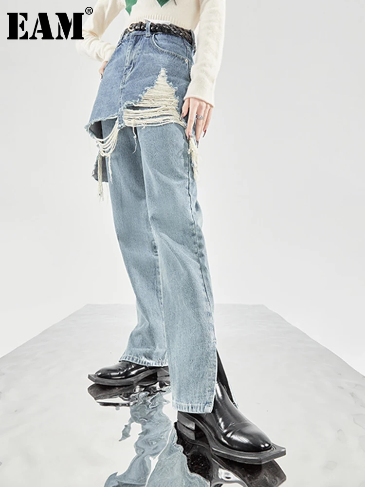

[EAM] High Waist Blue Denim Long Burr Irregular Wide Leg Jeans New Loose Women Trousers Fashion Tide Spring Autumn 2022 1DE8976