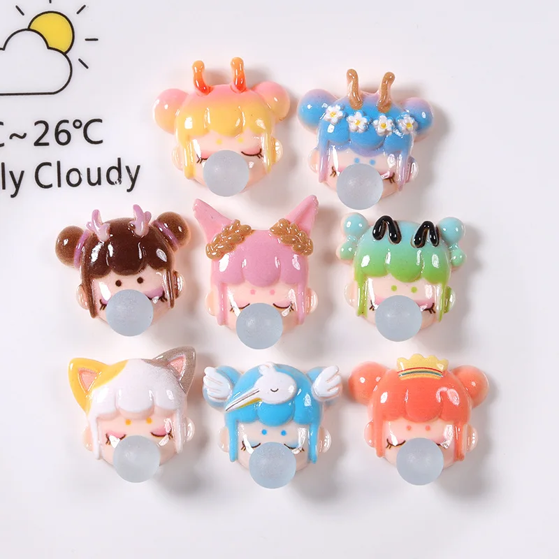 10Pcs Mini Cartoon Blowing Bubble Girl Series Back Resin Cabochons Scrapbooking DIY Jewelry Craft Decoration Accessorie