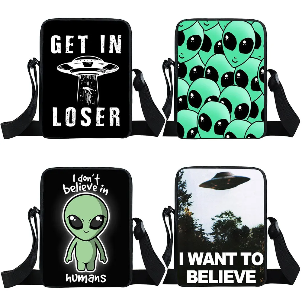 Alien L Want To Believe Print Crossbody Bags Ufo Women Shoulder Bags for Travel Mini Messeger Bag Small Handbag Satchel Bookbag