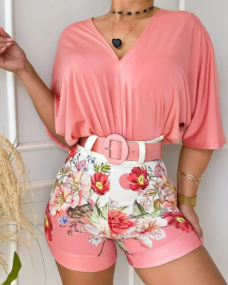 

Summer Dress Women 2022 Pink Batwing Sleeve Pastel Top & Belted Floral Print Shorts Set with Belt