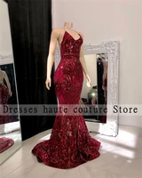 sexy red wine halter seuqins mermiad prom dresses 2022 for black girls party dress backless evening gowns robe de soiree