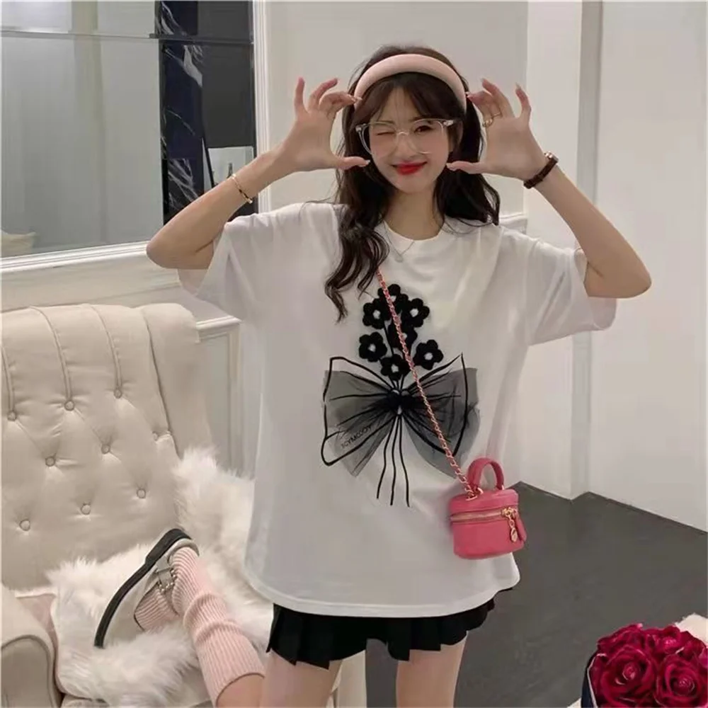 

Japanese Tshirt Loose Women Lovely Students Sweety Cute Bow Tie Heart Streetwear Black Casual High Street White Girls Sweatshirt