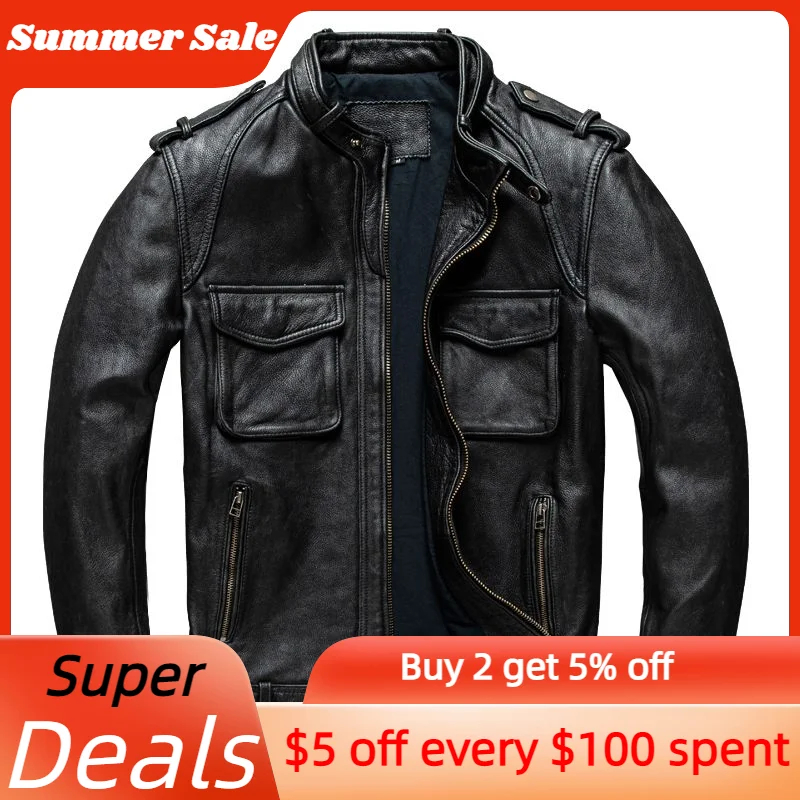 

Винтажная черная Весенняя мужская куртка в стиле милитари размера плюс 5XL Натуральная Воловья кожа осеннее приталенное короткое пальто из натуральной кожи