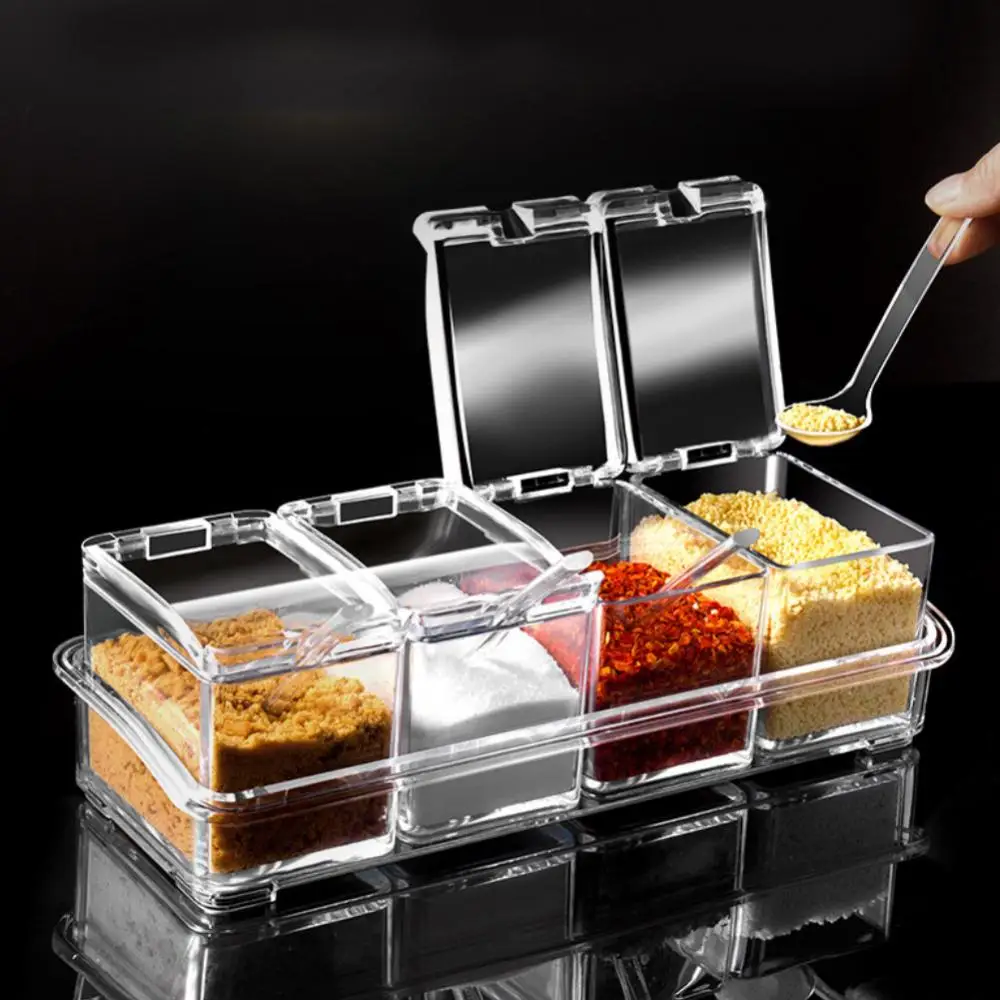 

Container with Spoon Seasoning Box Storage Holder Transparent Organizer Acrylic 3/4 Grid Spice Salt Pepper Kitchen Condiment
