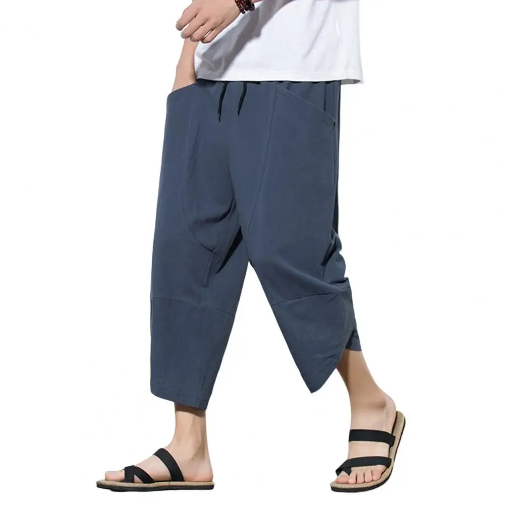 

Men Cropped Pants Drawstring Straight Leg Pocket Solid Color Elastic Waist Ethnic Style Mid Waist Summer Men Pants Male Clothes
