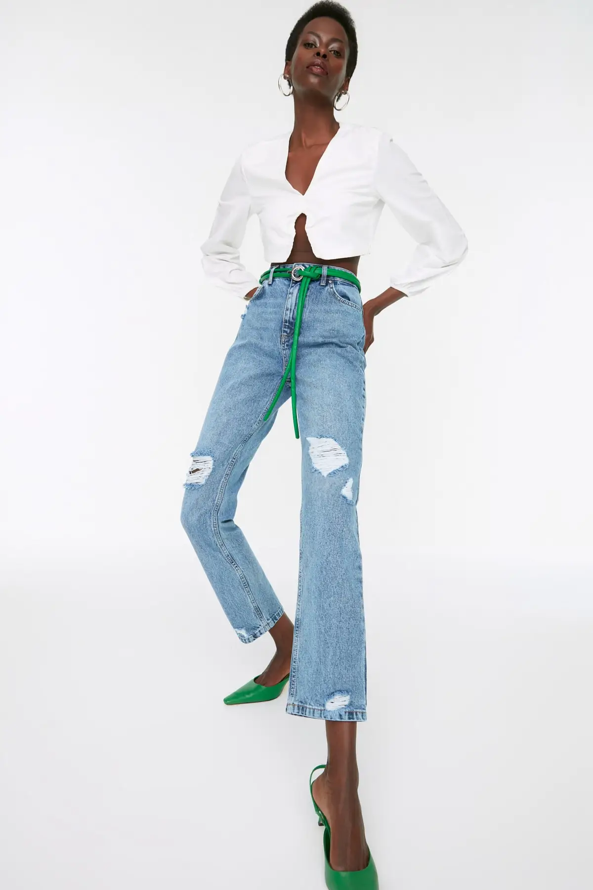 

Women's Jean Blue Ripped High Waist Bootcut Full Length Straight Pant Streetwear Female Buttons Zipper Ladies