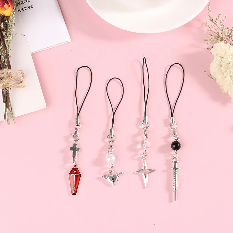 1pc Original DIY Handmade Cute Alloy Phone Charms Women Pendant Kawaii Keychain Strap Lanyard With Star Bead Cartoon Accessories