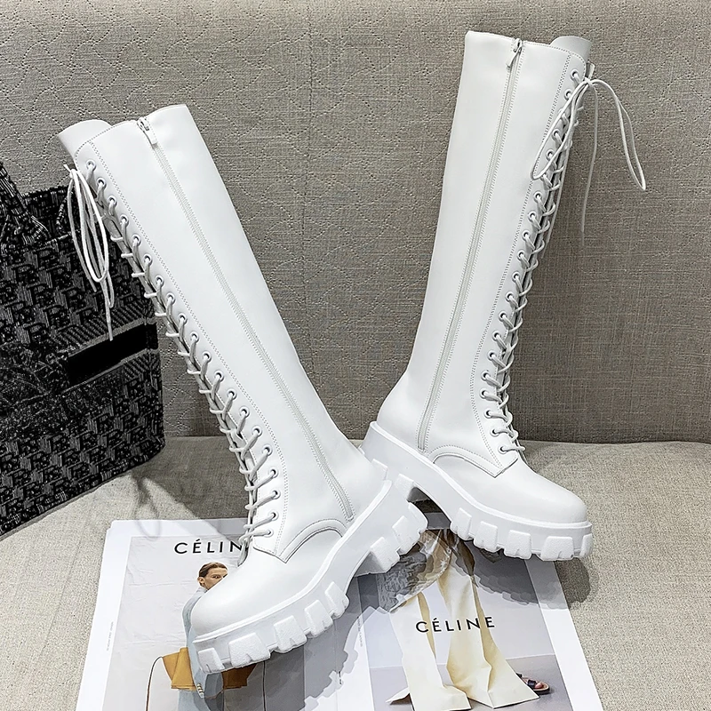 

Женские зимние сапоги до колена, черные или белые утепленные сапоги В рыцарском стиле на высоком устойчивом каблуке, со шнуровкой, в стиле р...