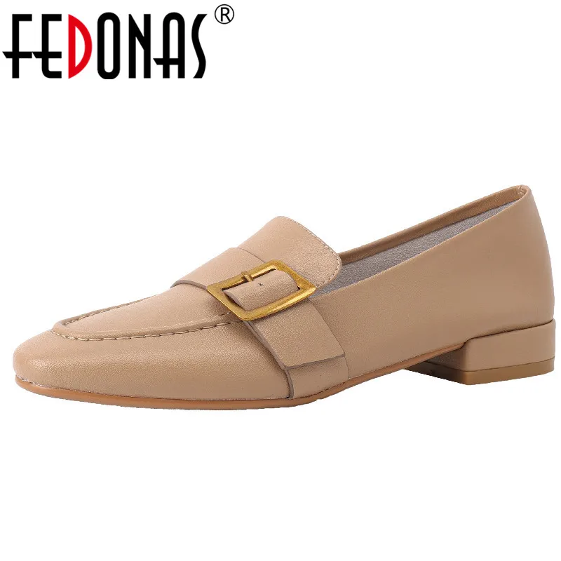 FEDONAS Basic Women Pumps Fashion Metal Buckle Genuine Leather Low Heels Loafers Shoes Woman Spring Summer Office Ladies Casual