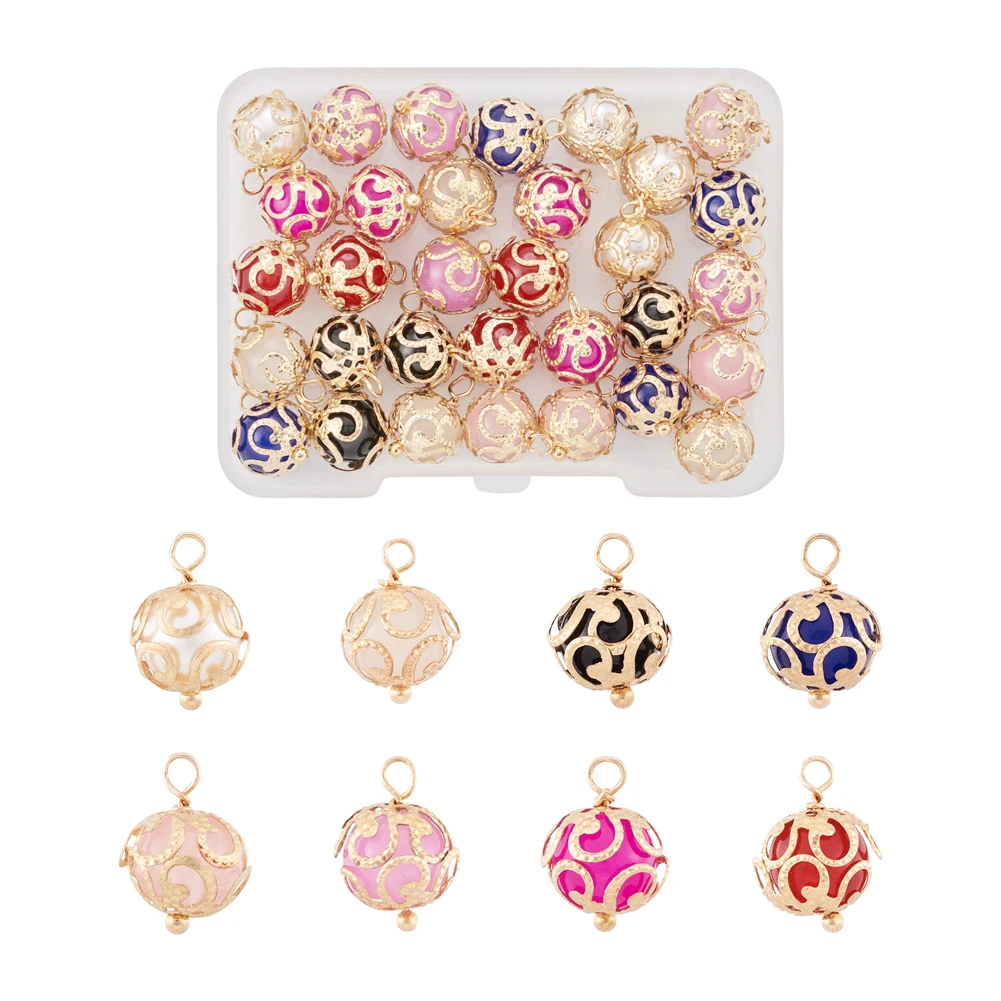 

32pcs ABS Plastic Dangle Charms Colored Round Imitation Pearl Pendant with Light Gold Brass Findings for DIY Jewelry Making