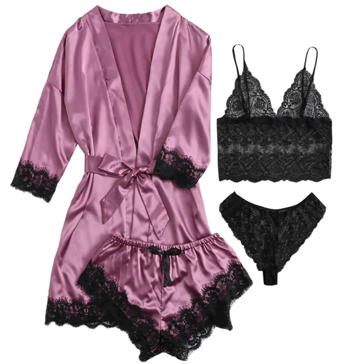 

2023 Summer New European And American Women's Pajamas 4-Piece Lace Satin Suspender Suit With Nightdress Wholesale