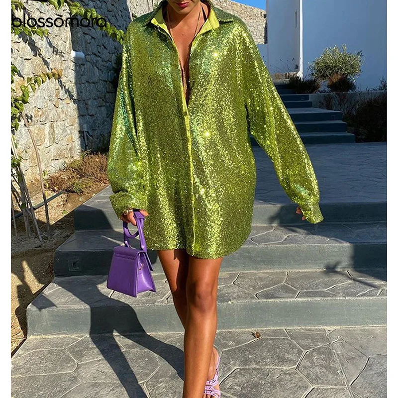

Blossomora Solid Cardigan Sequin Loose Mini Dress Sexy Night Club Long Sleeve Fashion Shirt Dress Summer Vestidos for Women 2022