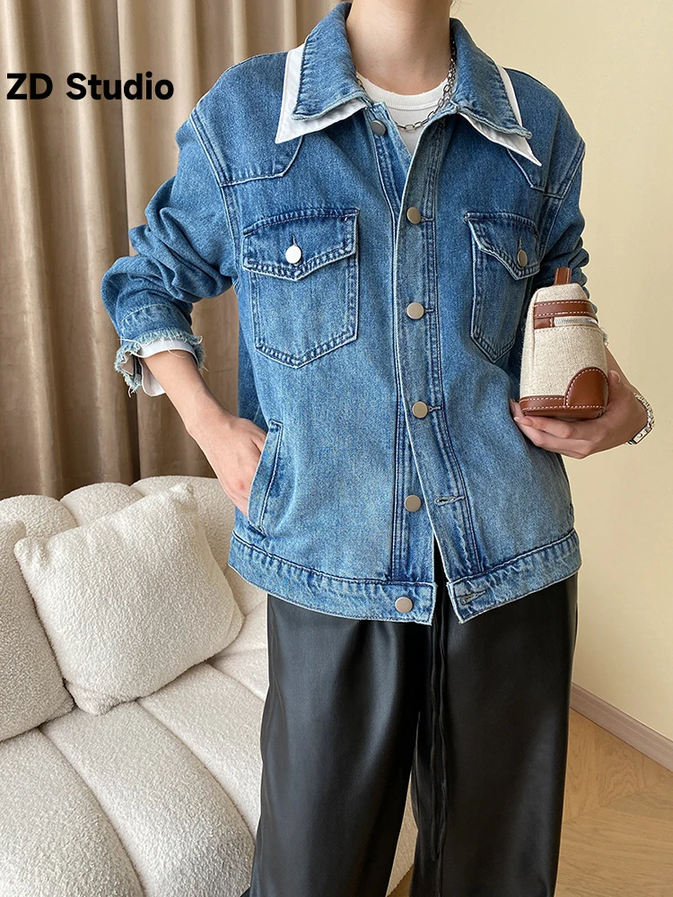 

[ZD Studio] Loose Fit Blue Denim Duoble Layers Size Jacket New Lapel Long Sleeve Women Coat Fashion Spring Autumn 2023 1DF9839