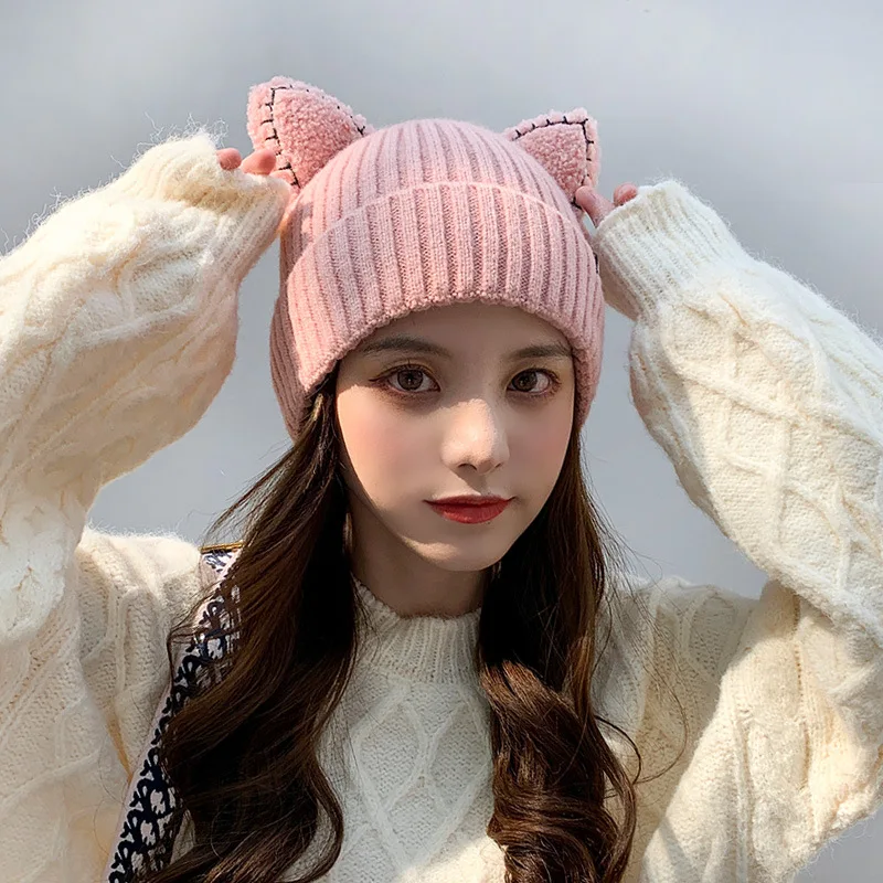 

Fashion Women Cute Winter Beanies Hat Cat Ears Soft Skullcap Beanies Hat Cap Girls Female Fashion Design Bonnet